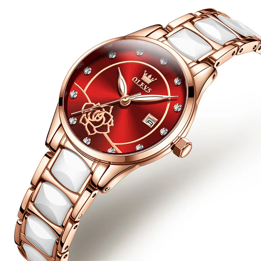 OLEVS Ladies Watch Ceramic Strap Elegant Fashion Luxury Waterproof Luminous Quartz Watch For Women Valentine's Day Present 3606