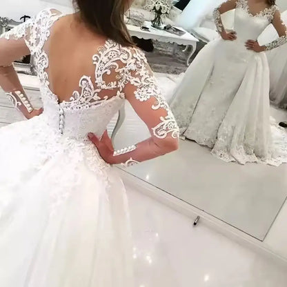 Customized Vestido De Noiva Lace Mermaid Wedding Dress with Detachable Skirt Backless Long Sleeve Bridal Wedding Gowns