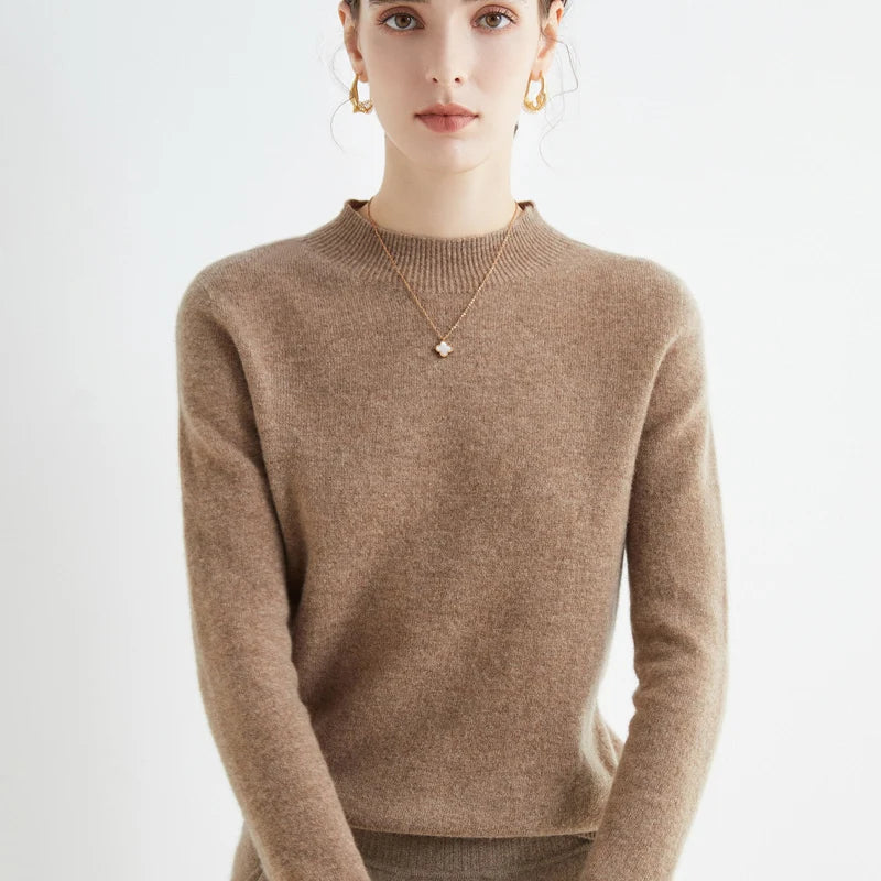 First-Line Seamless Women's Half-Turtleneck 100% Pure Wool Sweater Solid Color Long Sleeve Pullover Knitted Bottoming Sweater