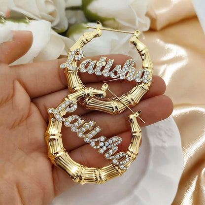DODOAI 40mm-100mm Bling Name Bamboo Earrings Custom Trapezoid Hoop Bamboo Names Earrings Letter Big Personalised Name Earrings