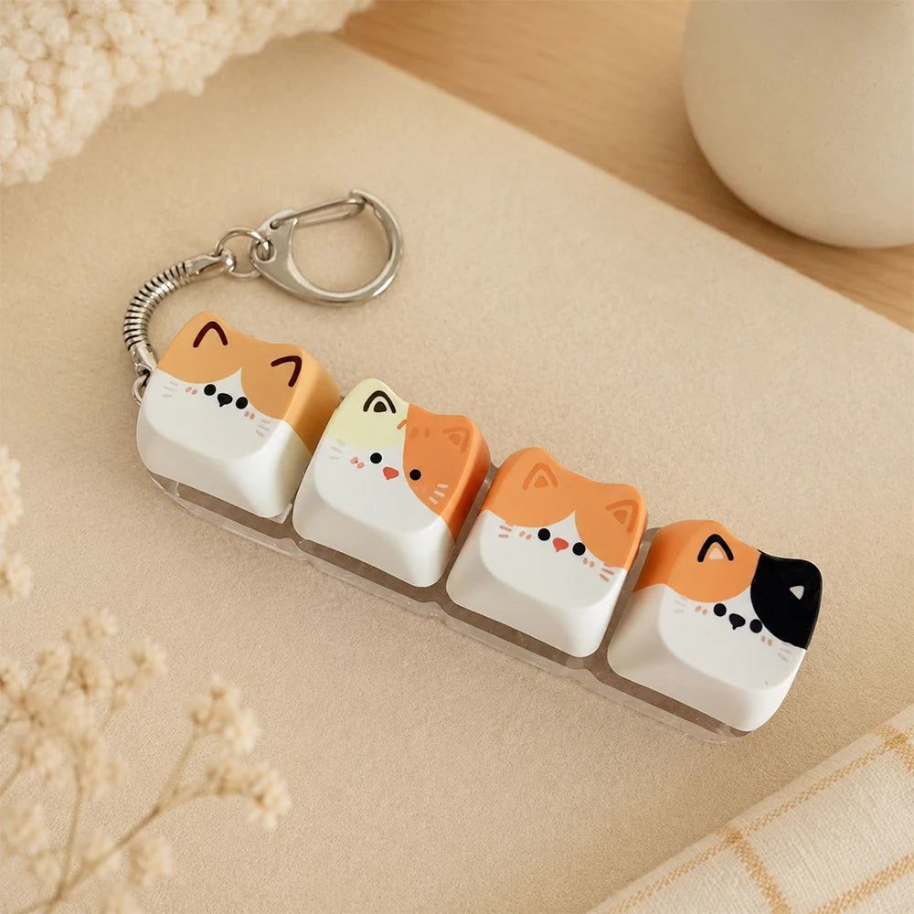 Cute Cat Relax Button Keycap, Kawaii Cat 4-Key Keyboard Fidget Toy for Friends Gift, Portable Fidget Keychain Fashion Bag Charm
