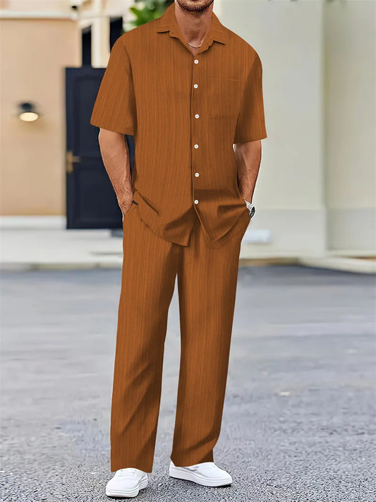 spring Summer Men Sets short-sleeve cardigan lapel shirt+trousers suit men's fashion 2 pieces tracksuit striped leisure suit