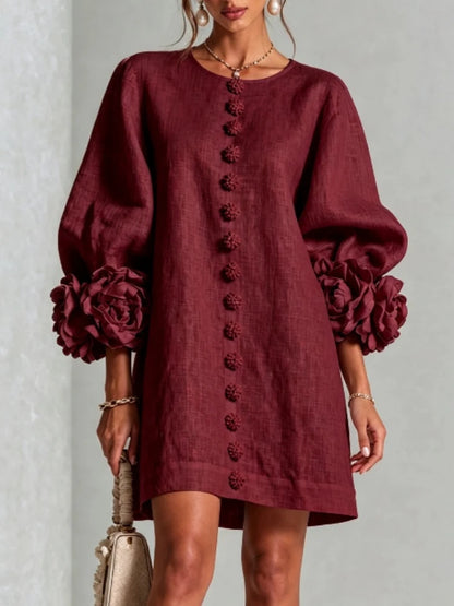 Women Linen Mini Dress O Neck Puff Long Sleeve 3D Flower Cuff Decor Flower Button Loose Casual Short Dresses for Party Vacation