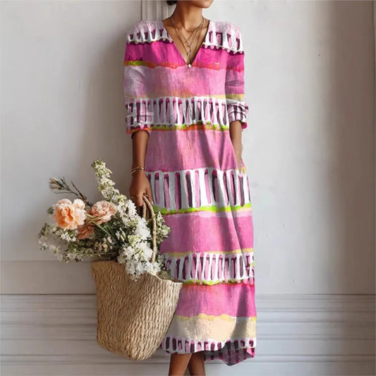 Summer Fashion Bamboo Linen Printed Women's Short Sleeve Dress 2026 New Casual Loose Retro Pocket Elegant Female Vacation Dress