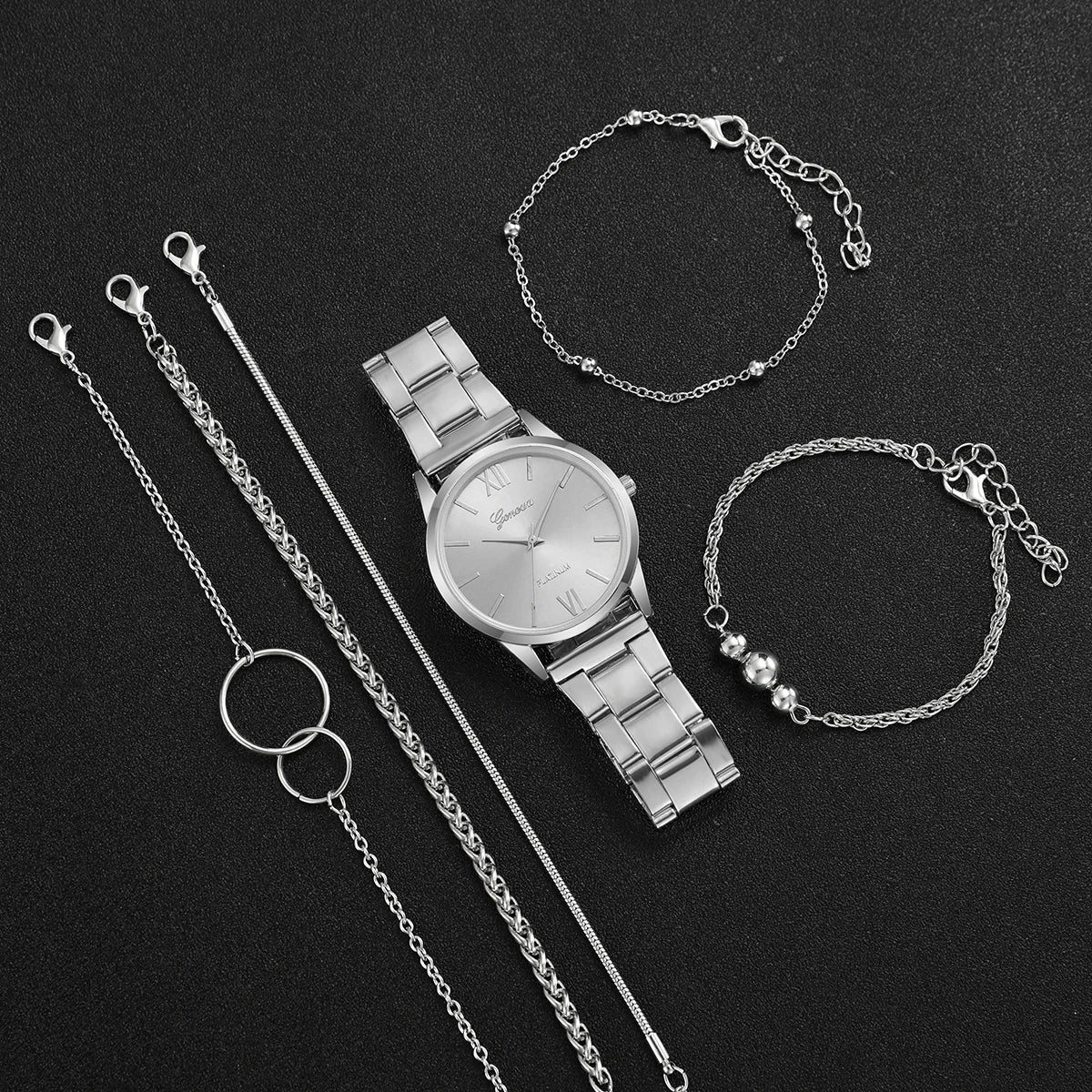 6PCS/Set Fashion Roma Dial Women Quartz Watch Silver Alloy Band Female Wrist Watches Bracelets Set（Without Box）