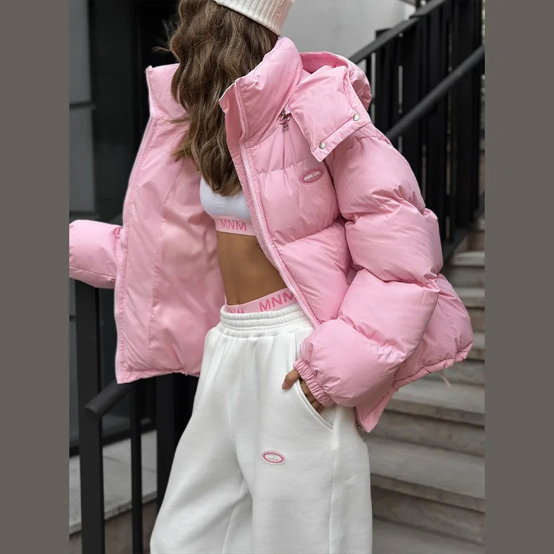 Oversized Puffer Women Jackets Coat Print Hooded Zipper Parka Coats Loose Mid‑Length Warm Winter Outerwear With Big Pockets