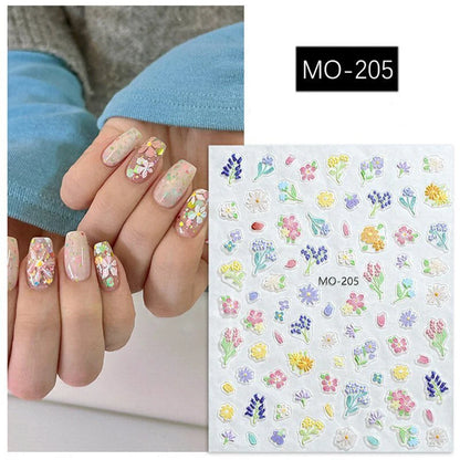 5D Embossed Nail Art Decals Elegant Petals Florals Daisy Flowers Leaves Adhesive Sliders Stickers For Manicure Tips Decoration