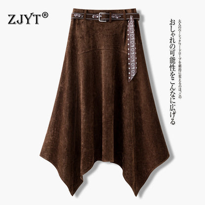 ZJYT Fall Winter Midi Suede Skirts for Women 2026 Fashion High Waist Irregular Vintage Casual Skirt Ladies Bottoms Brown Black