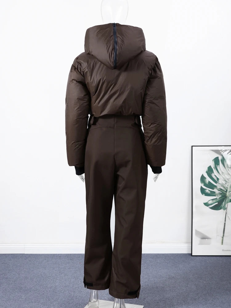 Fashion Hooded Women's Skiwear Jumpsuits Stand Collar Zipper Long Sleeve High Waist Cotton Jumpsuit 2026 Winter Warm Romper