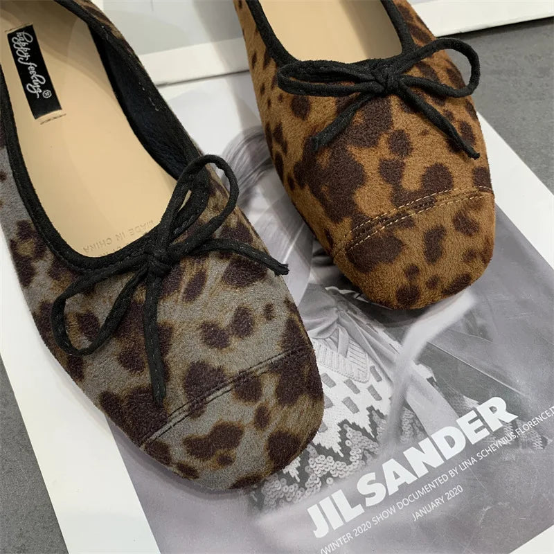 2025 Soft Sole Leopard Shoes Woman Bowtie Flock Ballet Flats Barefoot Loafers Ladies Daily Mocassines Slip On Dress Office Shoes