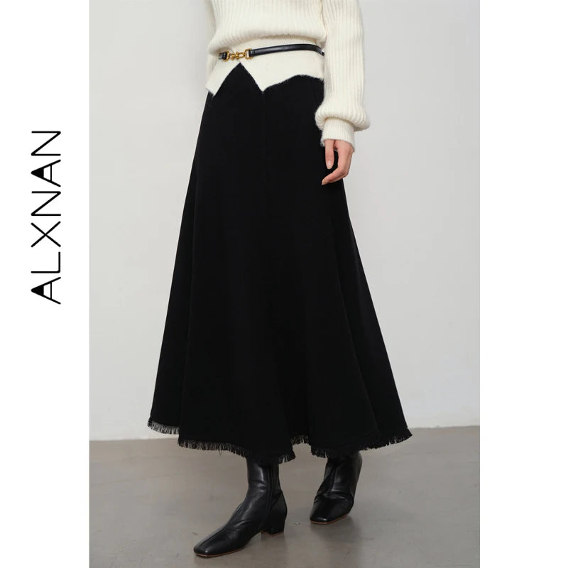 ALXNAN Gray Plaid Skirt High-waist Long A-line Checkered Fishtail Skirt Fall Casual Office Lady Elegant Tassel Skirts L57318
