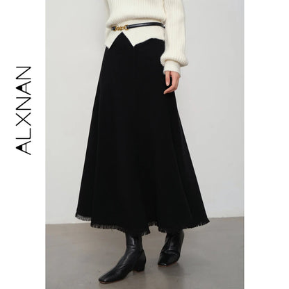 ALXNAN Gray Plaid Skirt High-waist Long A-line Checkered Fishtail Skirt Fall Casual Office Lady Elegant Tassel Skirts L57318