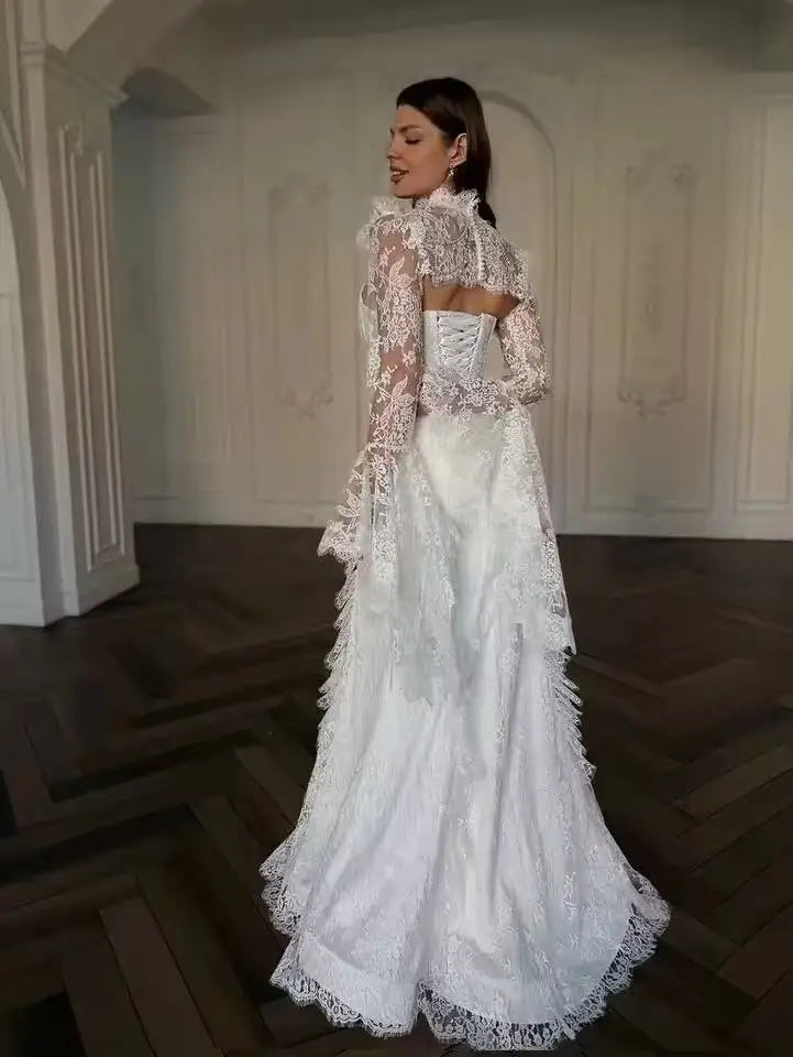 Custom Made Ivory Elegant Lace Mermaid Wedding Dress High Neck Ruched Long Sleeves Corset Backless Bridal Gown with Train