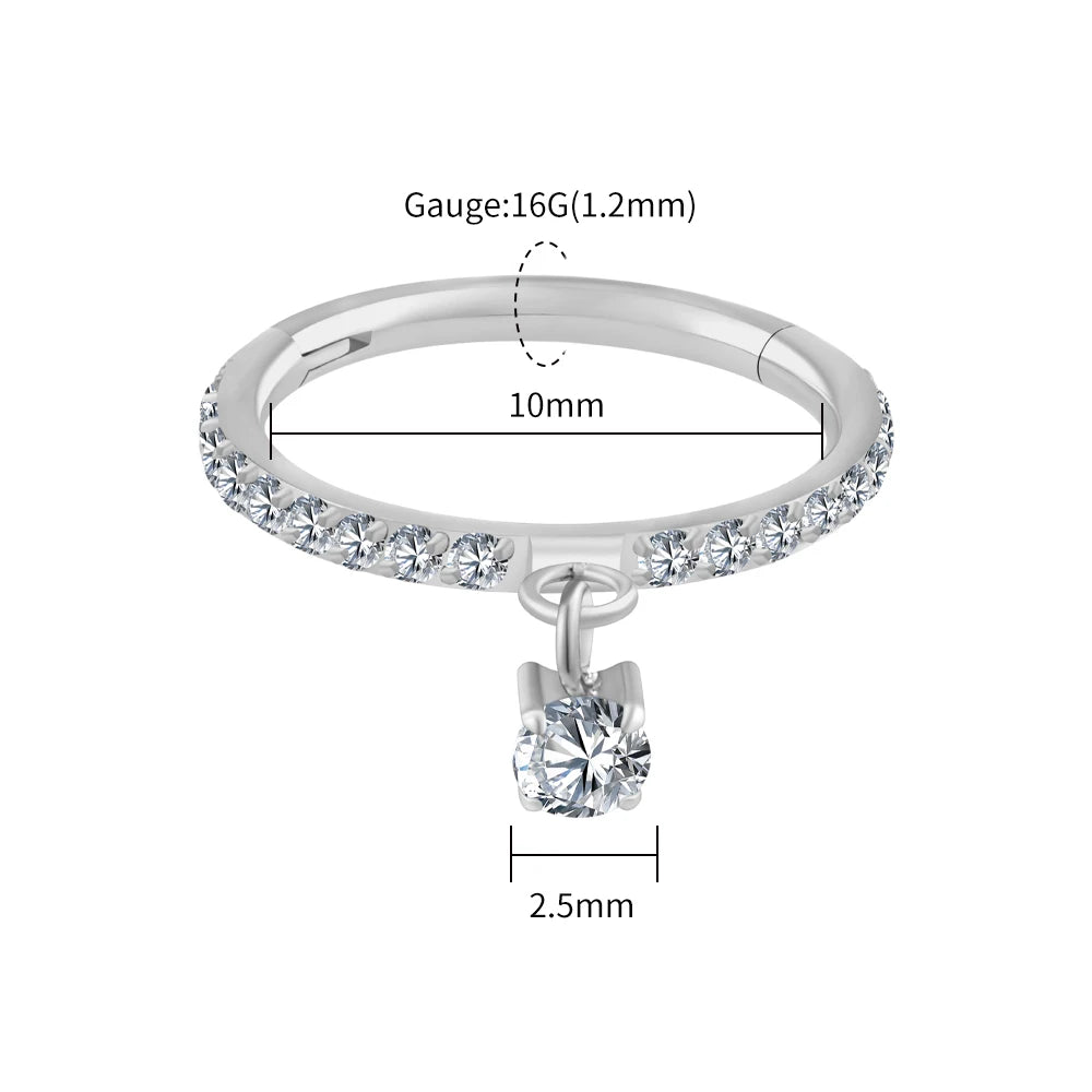 Right Grand ASTM F136 Titanium Round CZ Drop Helix Hoop Ring 16G Dangle Charm Segment Conch Clicker Cartilage Piercing Jewelry