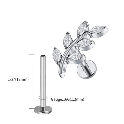 Right Grand ASTM F136 Titanium 16G Marquise CZ Leaves Stud Earring Leaf Shaped Helix Cartilage Conch Flat Back Piercing Jewelry