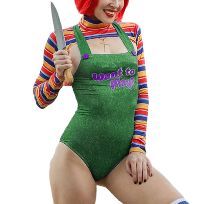 hirigin Women 2 Pcs Halloween Costumes Scary Nightmare Killer Doll Wanna Play Movie Character Costume Set Sling Jumpsuits