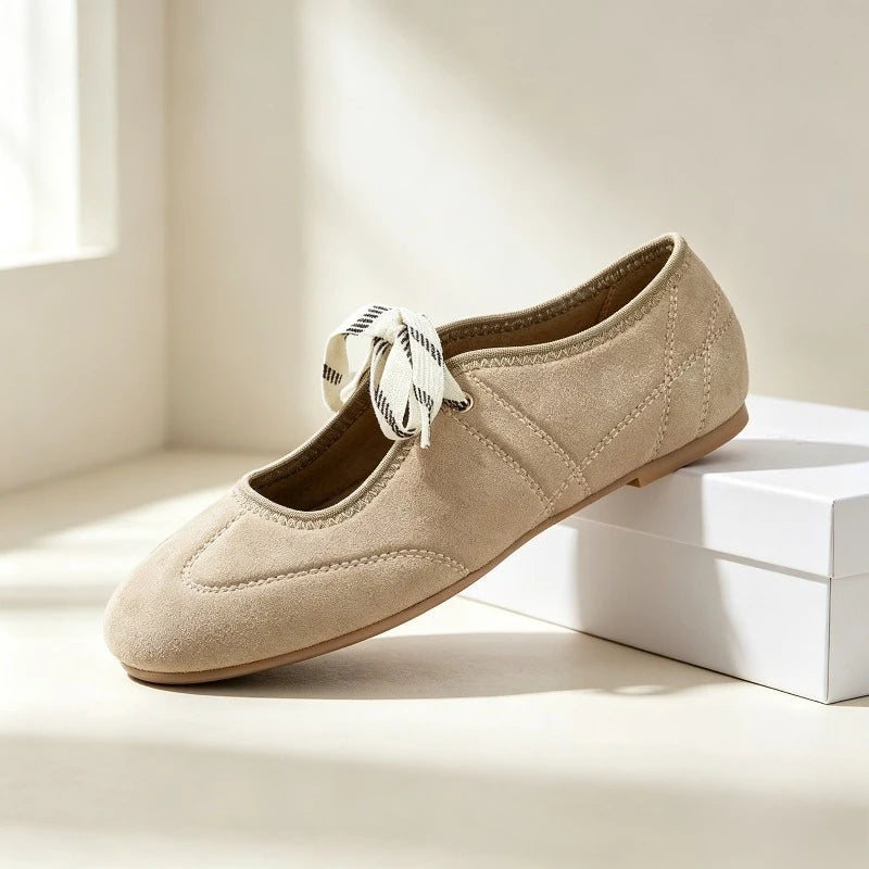 Fashion Round Toe Ballet Flats Women Lace-up Faux Suede Shallow Concise Soft Sole Mary Jane Shoes Women Casual Brand Shoes
