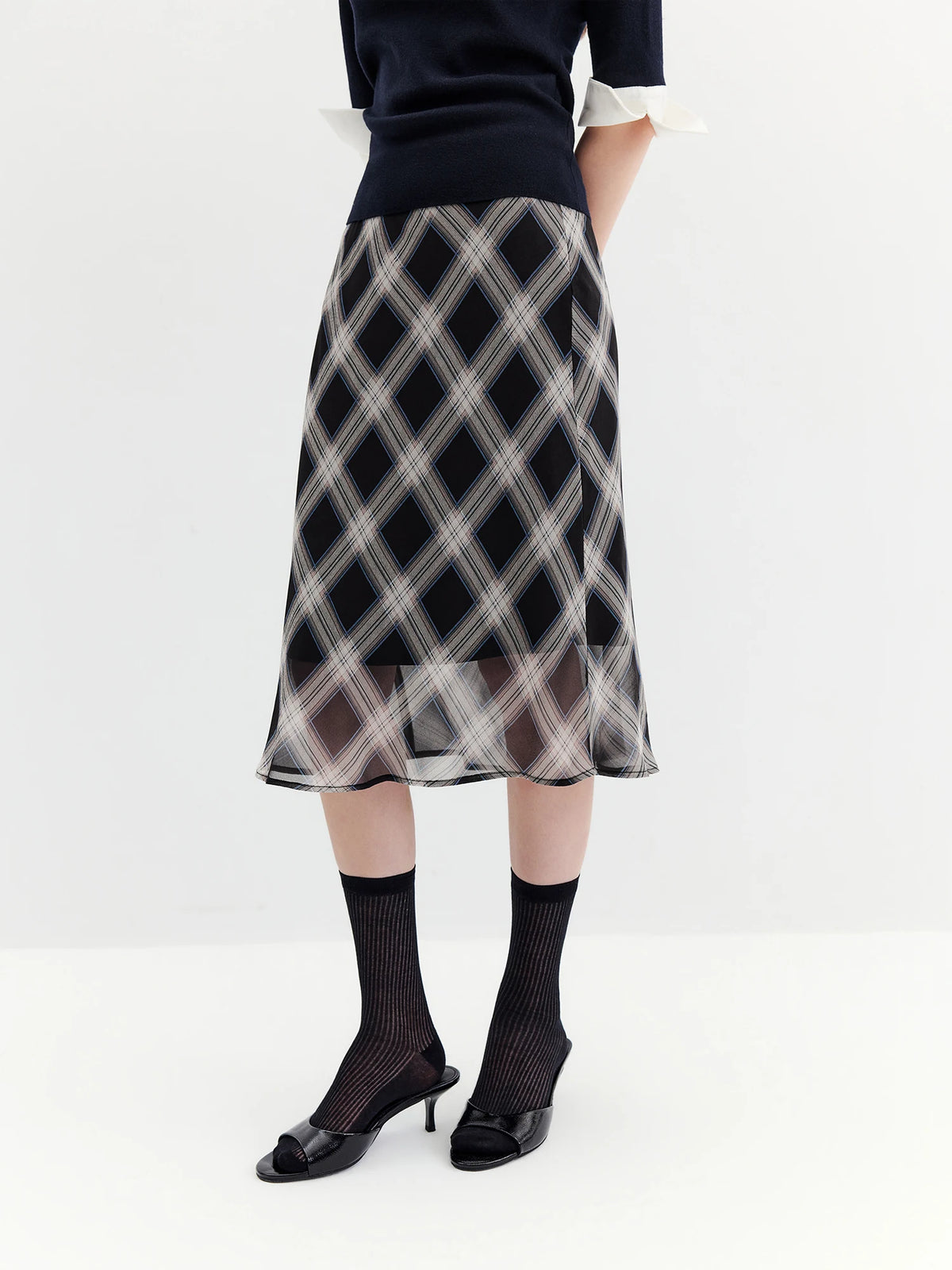 FSLE 2026 Fall Women's Vintage Contrast Plaid Elastic Waist Flowy Chiffon Straight Midi Skirt - Casual Chic Everyday Style