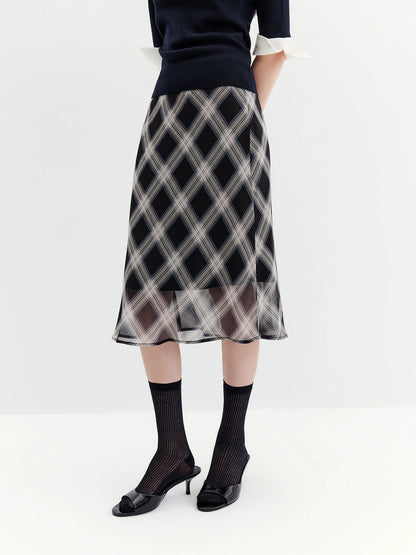 FSLE 2026 Fall Women's Vintage Contrast Plaid Elastic Waist Flowy Chiffon Straight Midi Skirt - Casual Chic Everyday Style