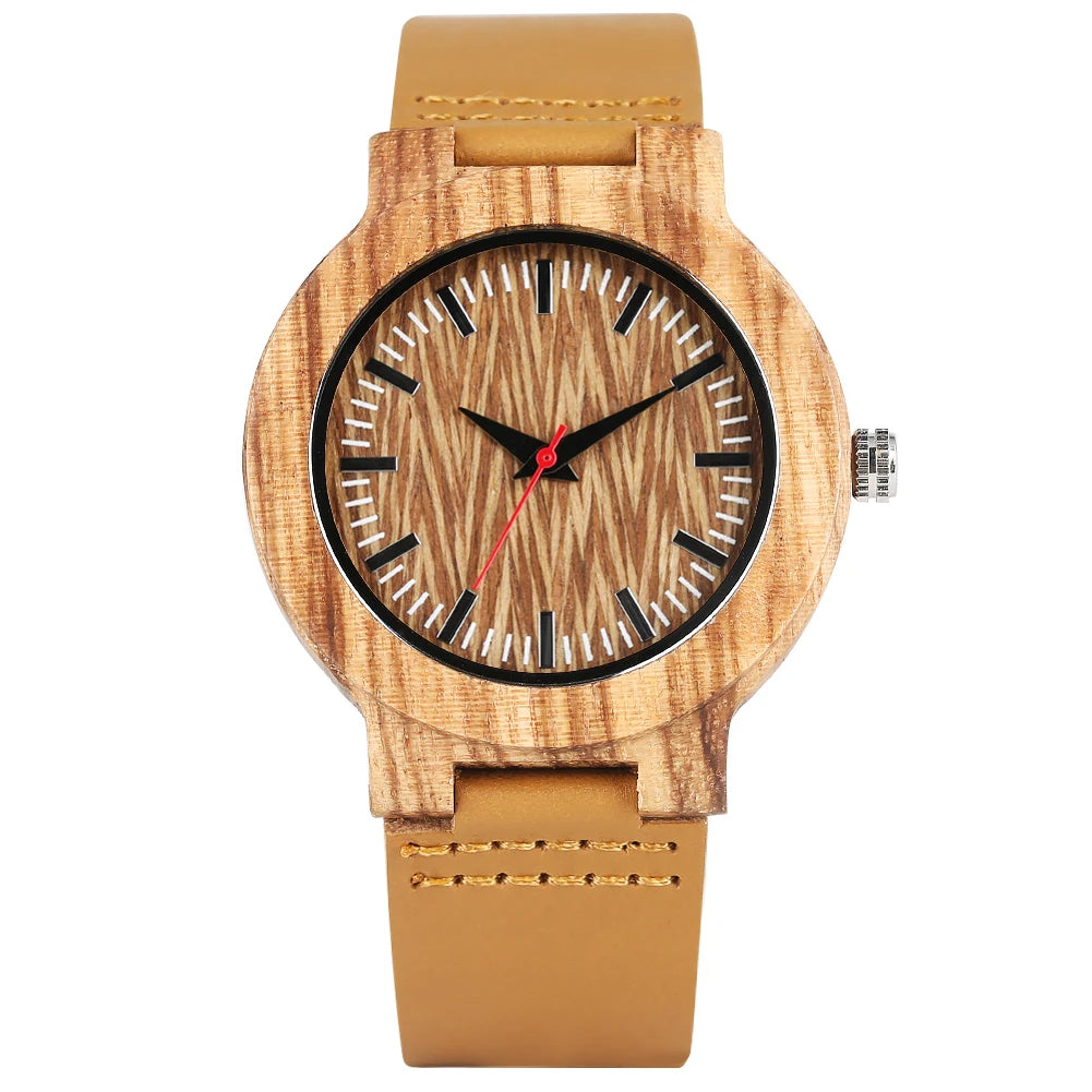 Wooden/Bamboo Watch Case Women's Wristwatch Quartz Movement Black/Brown Genuine Leather Wristband Fashion Ladies Watches Gift