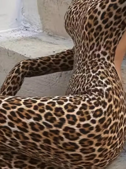 Sexy Leopard Print Slim Jumpsuits  Women Trendy Backless Tight Long Sleeve Jumpsuit Hot Girl Clothing Fashion Streetwear 2025