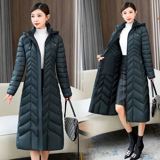 2026 NEW Winter Hooded Down Jacket 5XL Women's Warm Parka Fashion Down Cotton Women Long Coat Slim Temperament Female Overcoat