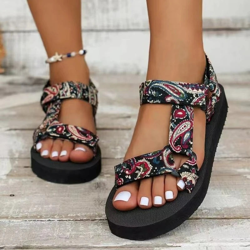 Summer Flat Women's Shoes Outdoor Sandals Casual Women Slippers Hemp Rope Set Foot Beach Sandals Large Size Hook & Loop Sandals