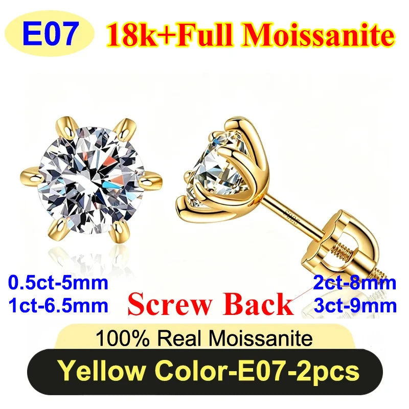 PureNew 0.5-3ct Classic Full Moissanite Earrings For Women S925 Silver Plated 18k Gold D Color VVS1 Women's Moissanite Earrings