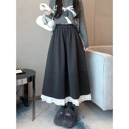 FOTVOTEE Japanese Autumn Woolen Midi Skirt for Women Elastic High Waist Ruffle Hem A Line Skirts Women Loose Draped Casual Skirt