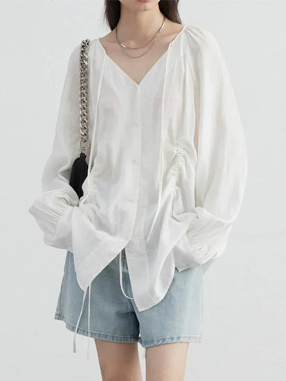 CHIC VEN Women Loose Lace Up Shirt Solid New Korean V-neck Pleated Raglan Long Sleeved Blouses Female Tops Spring Summer 2026