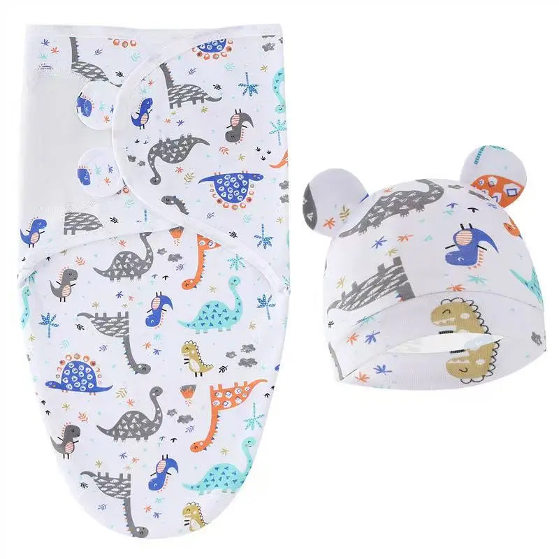 Baby Blanket Hat Set Cartoon Printed Cotton Newborn Swaddle Adjustable Infant Sleeping Swaddle Wraps All Seasons 0-6 Months