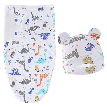 Baby Blanket Hat Set Cartoon Printed Cotton Newborn Swaddle Adjustable Infant Sleeping Swaddle Wraps All Seasons 0-6 Months