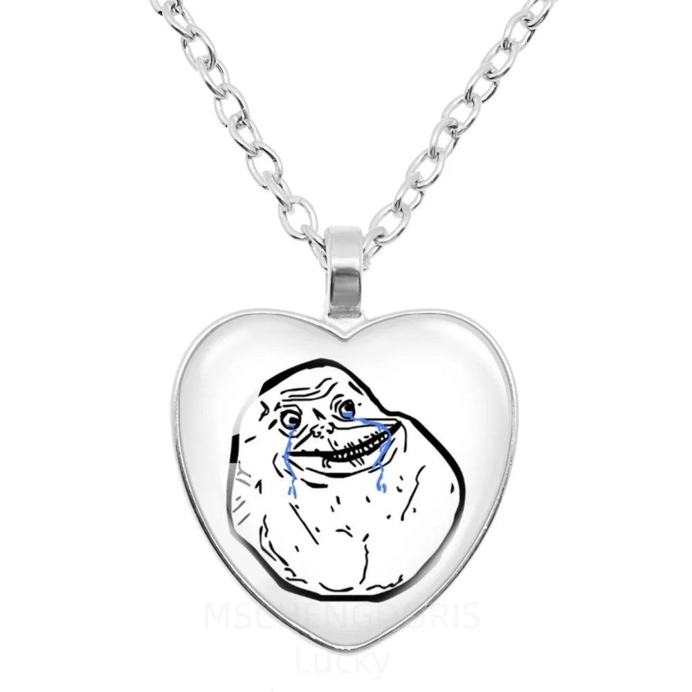 Rage Comic Necklace Derp Face Trollface Funny Meme Cartoon Glass Heart Shape Pendant Chain Necklace Charm Jewelry Collect Gift