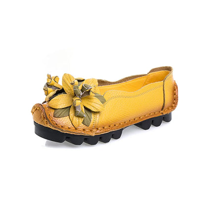 Genuine Leather Ballet Flats Women's Slip On Loafers Vintage Handmade Flower Soft Muffin Platform Casual Walk Dress Shoes Woman