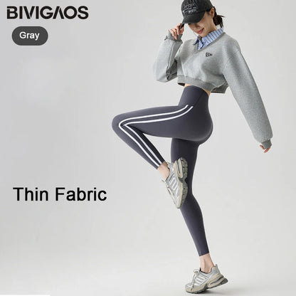 BIVIGAOS New Autumn White Striped Light Fleece Leggings Women Winter Pants High Waist Slim Velvet Thick Sport Warm Leggings