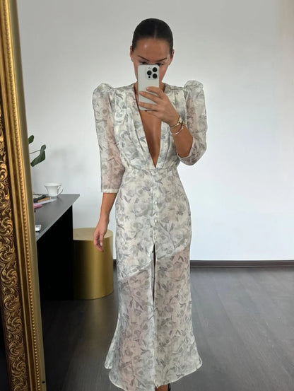 Women Floral Print Short Sleeve Maxi Dress Fashion V-neck Ruffle Trim Belted Slit Hem Dresses Casual Lady Daily Vacation Gowns