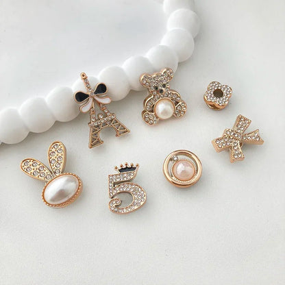 14PCS Sparkling Rhinestone & Faux Pearl Shoe Charms Pins Set, DIY Detachable Decor for CROCS Clogs