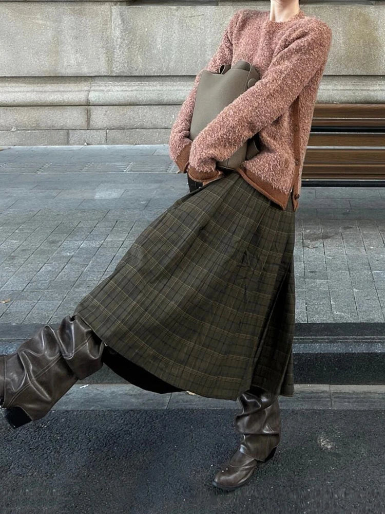 PBAP Fall Trendy Women Plaid Midi Long Skirt Green Tartan High Rise Thick Draped A-line Plaid Pleated Skirt Retro Y2k Streetwear