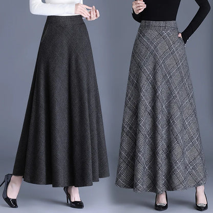 Fairyshely 2026 Autumn Winter Gray Plaid Woolen Skirt Women Casual High Waist Midi Skirt Ladies Elegant Warm Pleated Long Skirt
