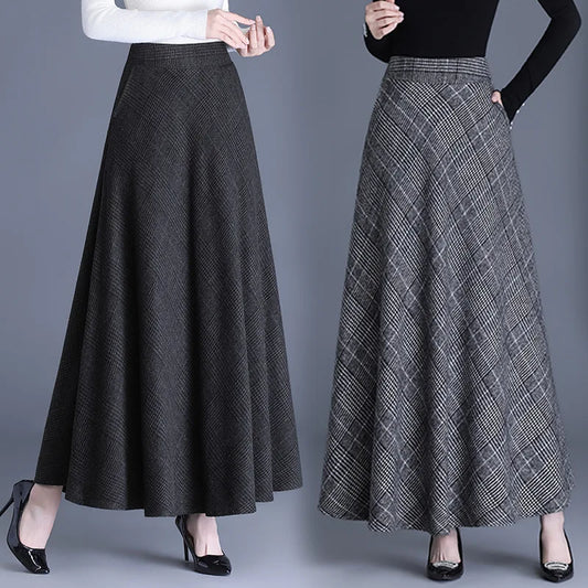 Fairyshely 2026 Autumn Winter Gray Plaid Woolen Skirt Women Casual High Waist Midi Skirt Ladies Elegant Warm Pleated Long Skirt