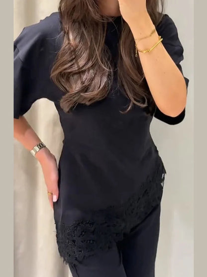 Elegant Satin Lace Patchwork Top Women Casual O-neck Loose Long Sleeves Strappy Female Shirt 2026 Spring Lady Fashion T-shirt