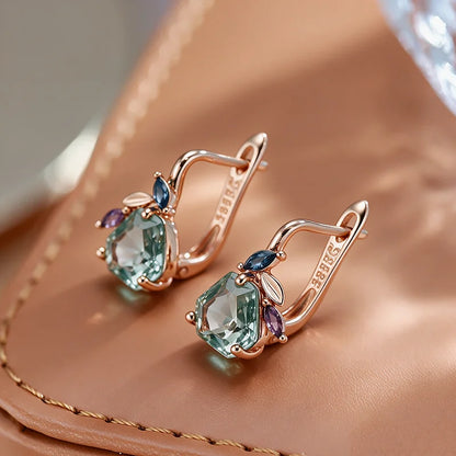 Wbmqda Light Green Stone Flower Shape Earrings For Women 585 Rose Gold Color Fashion Holiday Jewelry Accessories