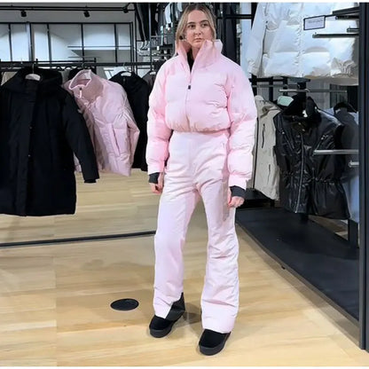 Winter Women's Black Fur Hooded Belted Ski Jumpsuit Slim Fit Waterproof Windproof Skiwear 2026 Lady Warm Sport Snow Bodysuit New