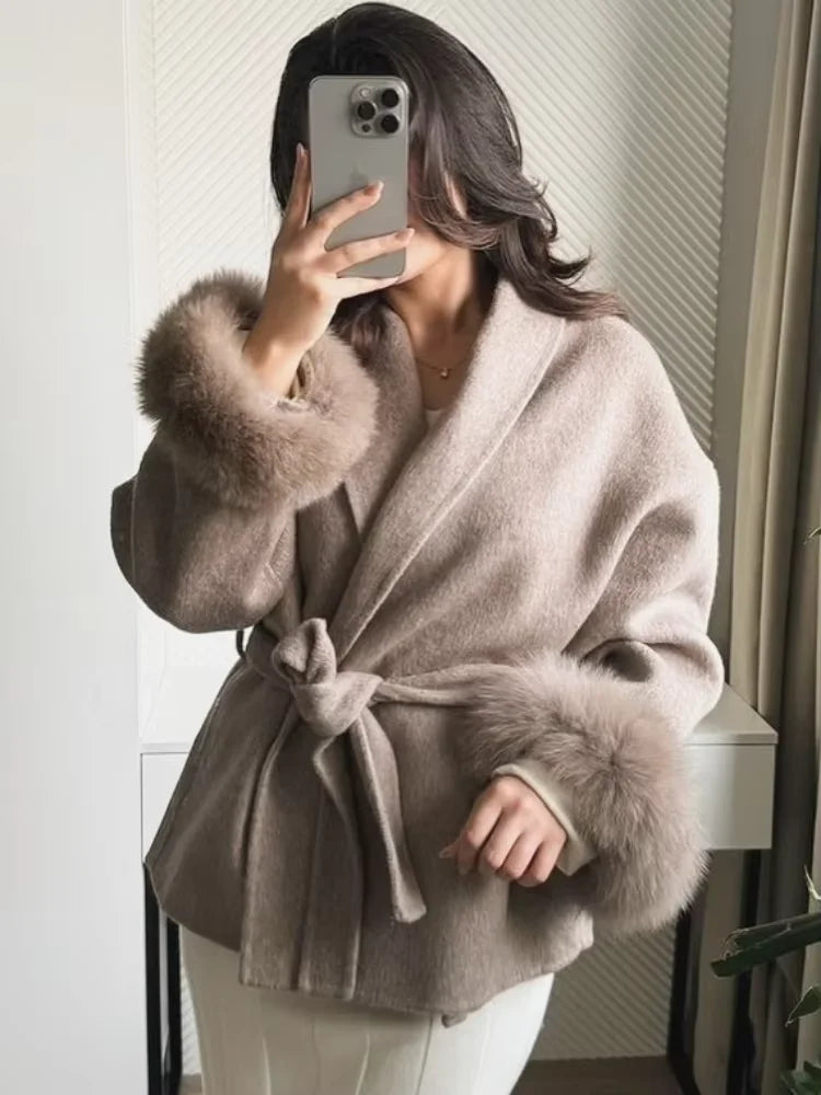 Retro Faux Fur Patchwork Woolen Maxi Coat Women Solid Full Sleeves V-neck Lace Up Loose Coats Lady Winter Commute Outwear New