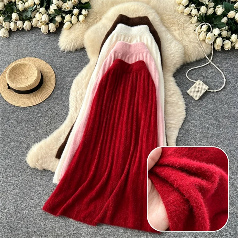 KARWomen Faux Mink Knit Pleated Midi Skirt High Waist Warm Fluffy A-Line Long Skirt Elegant Autumn Winter Solid Color Skirts 690