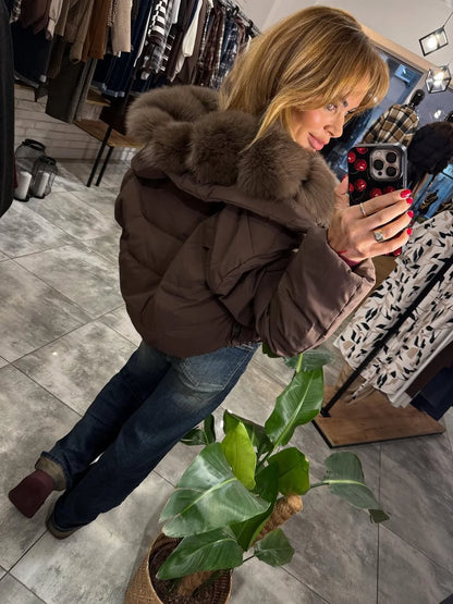 Women Cropped Puffer Jacket Long Sleeve Big Faux Fur Collar Snap Button Warm Winter Outerwear Fashion Casual Party Short Coat
