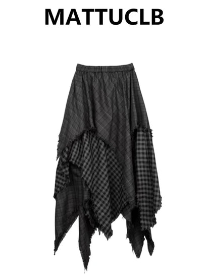 Women's Grey Asymmetric Plaid Panel Skirt