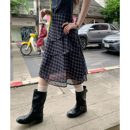 Womens High Waist Plaid Print Double Layer Ruffle Irregular Hem Midi Skirt
