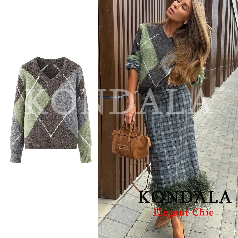 KONDALA Women Trendy Rhombus Contrasting Sweater Elegant Knitted Blouse 2026 Fall Fashion Holiday Party Commute Lady Sweater