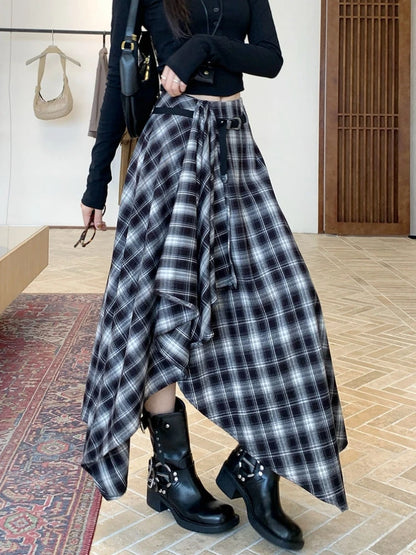 Qiukichonson Long Skirts Women Woolen Skirt 2025 Goth Autumn Winter High Waist Ruffles Asymmetrical Plaid Skirt Maxi With Belt